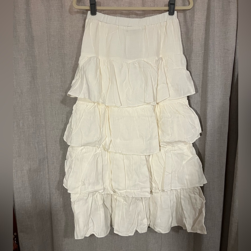 NWT Lulus Flawlessly Flouncy Ivory Tiered Midi Skirt, Size S